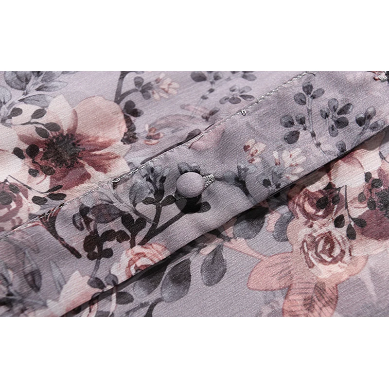 Women Floral Long Sleeve Chiffon Blouse Formal Female Stand Collar Top High Street OL Runway Summer Shirt |