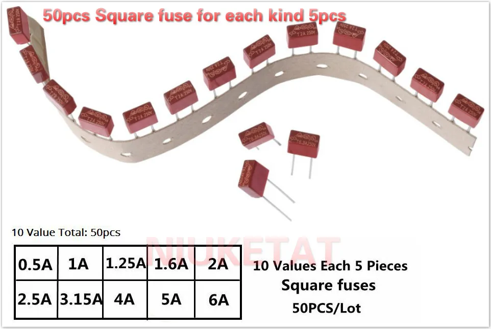 

50pcs Square fuse for each kind 5pcs 0.5A/1A/1.25A/1.6A/2A/2.5A/3.15A/4A/5A/6.3A 250V 392 Square plastic fuse LCD TV power board