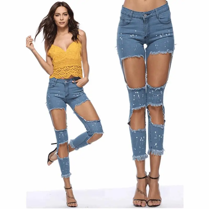 

Spring Summer Blue Bleach Wash Distressed Rock Denim Jeans Women Casual Mid Waist Button Fly Ripped Pants 2018 Skinny Jeans