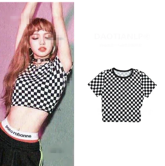 picture color Черный розовый укороченный топ Lisa Same, корейский стиль, клетчатая короткая футболка, укороченные топы, женская футболка в стиле Харадзюку, camisetas mujer verano - Цвет: picture color