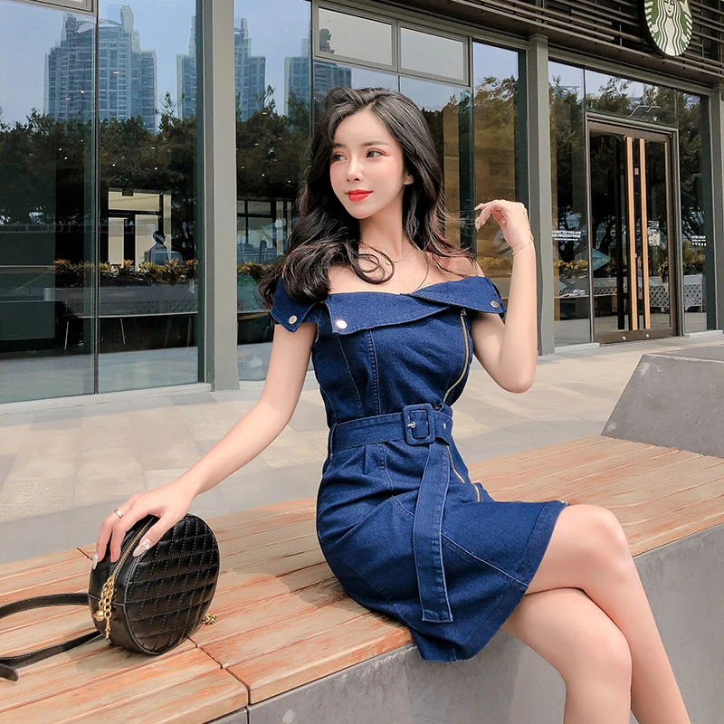С открытыми плечами Bodycon Midi джинсовое платье для женщин лето vestidos 2019 Новый пояс
