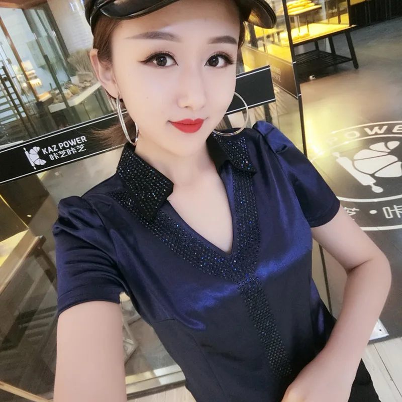 Blue tshirt Модная новинка, летняя футболка с v-образным вырезом и коротким рукавом, женские леопардовые топы, Женская Повседневная футболка T94501 - Цвет: Blue tshirt