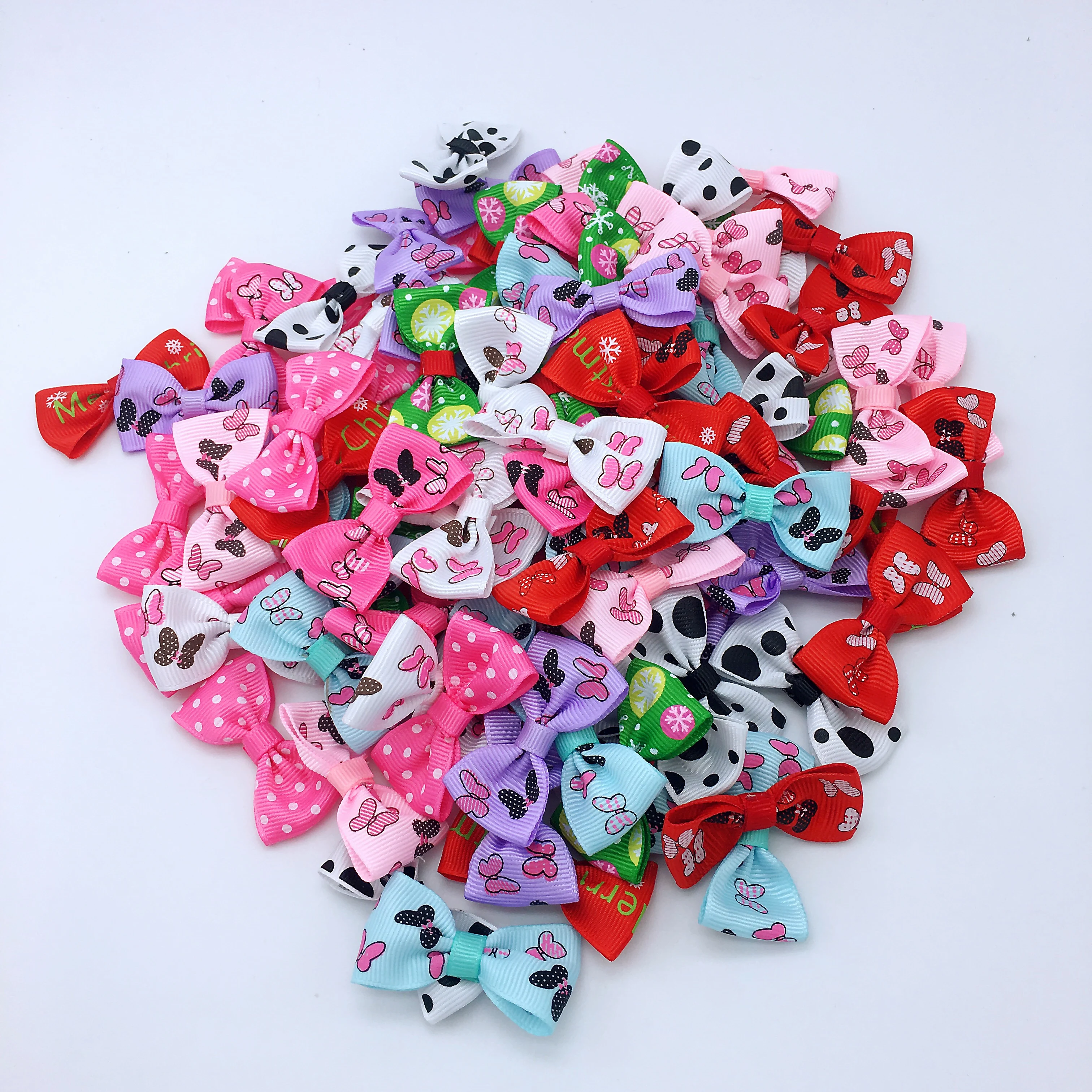 100 шт./лот мини-лента с принтом бант для домашних животных Только без зажимов DIY