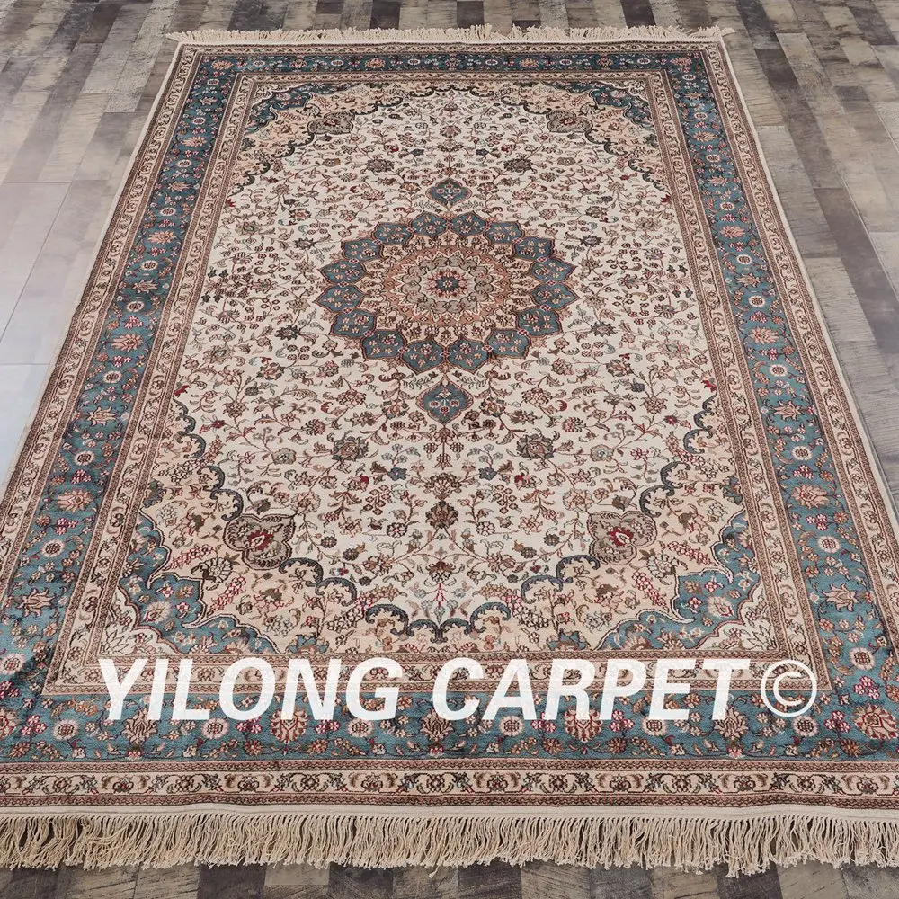 YILONG 6 'x 9' Восточный персидский шелковый ковер бежевый и синий Элегантный