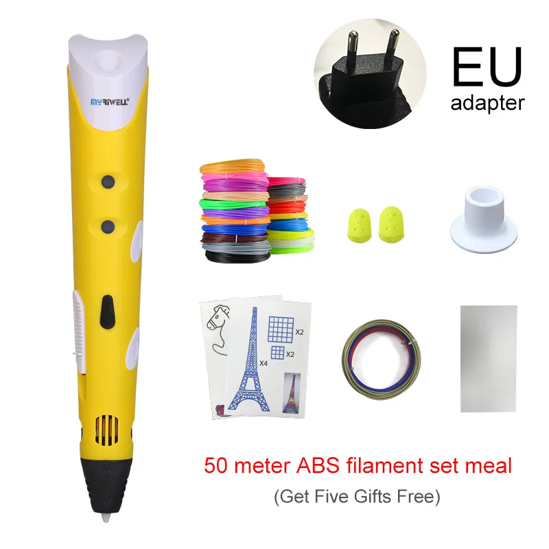 Yellow EU Myriwell 3D Ручка с 50 м 1,75 мм ABS нитью, умная 3D Ручка для печати, 3d ручки для детей, подарок на день рождения, Рождество, 3d Ручка для рисования - Цвет: Yellow EU