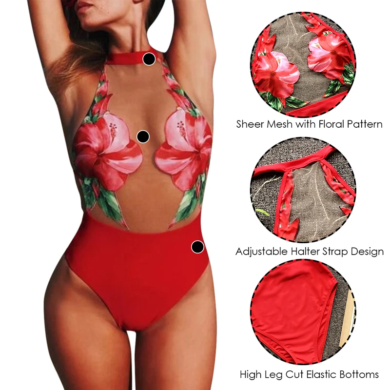 2019 Women Sexy Bikini Red Flower One Piece Push Up Padded Monokini Backless Swimwear Swimsuit Beachwear ladies bathing suit | Спорт и