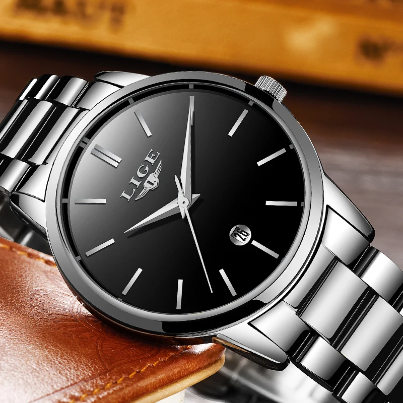 LIGE ультратонкие Модные мужские наручные часы из нержавеющей стали ремешок для