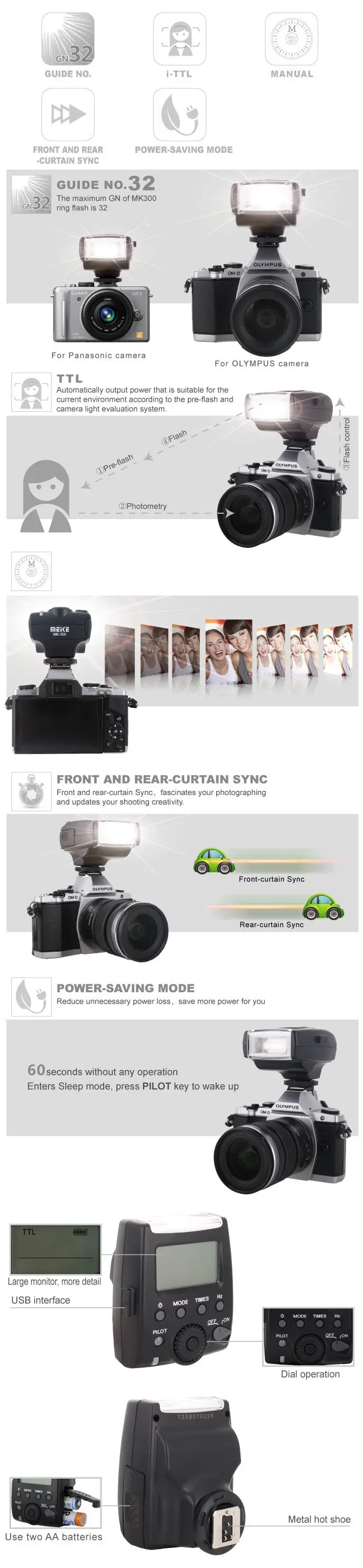 Meike MK300 lcd ttl вспышка Speedlite светильник для Panasonic и Olympus Leica W/Mini USB интерфейс