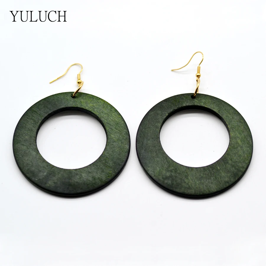 

Большие круглые серьги-кольца из африканского дерева, ювелирные изделия для женщин, винтажные зеленые висячие серьги, эффектные корейские серьги, женские серьги