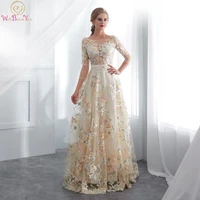 2019 new lace prom dresses three quarter evening gown champagne scoop a line bridal elegant simple dubai arabic vestido de