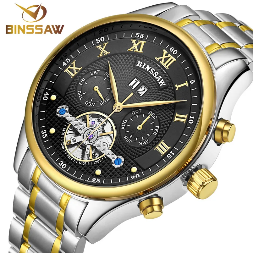 

BINSSAW 2018 Top Luxe Merk Mannen Automatische Mechanische Horloges Tourbillon Fashion Business Sport Rvs Gouden Horloge