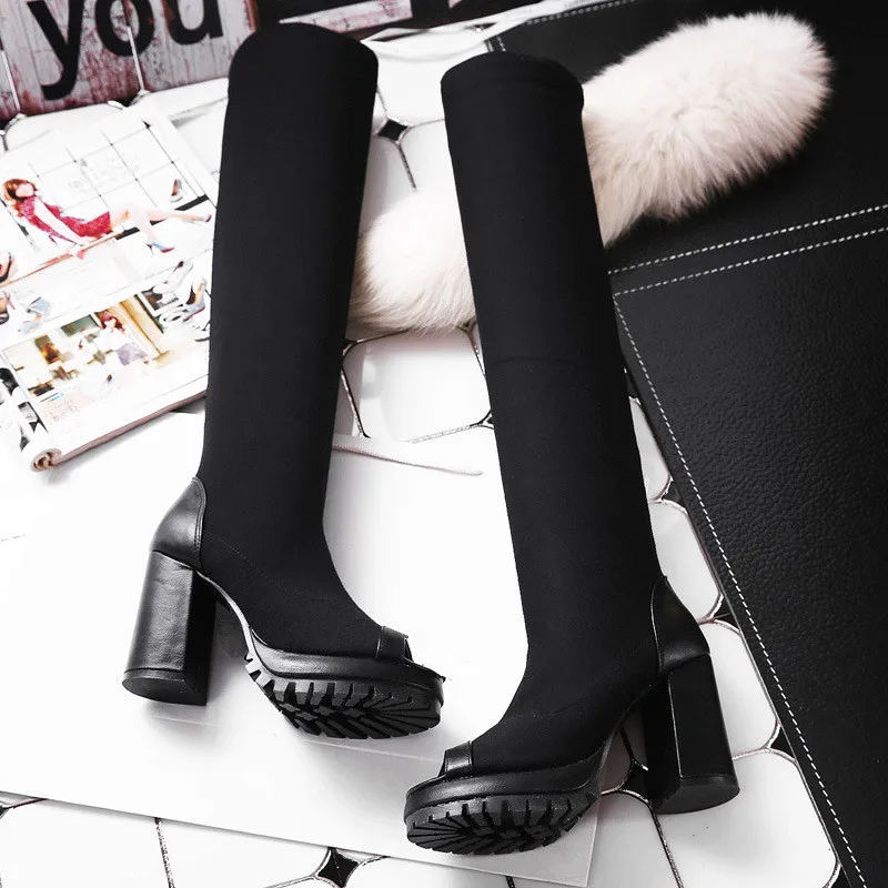 Женщины весна осень черный эластичная ткань peep toe над коленом платформы