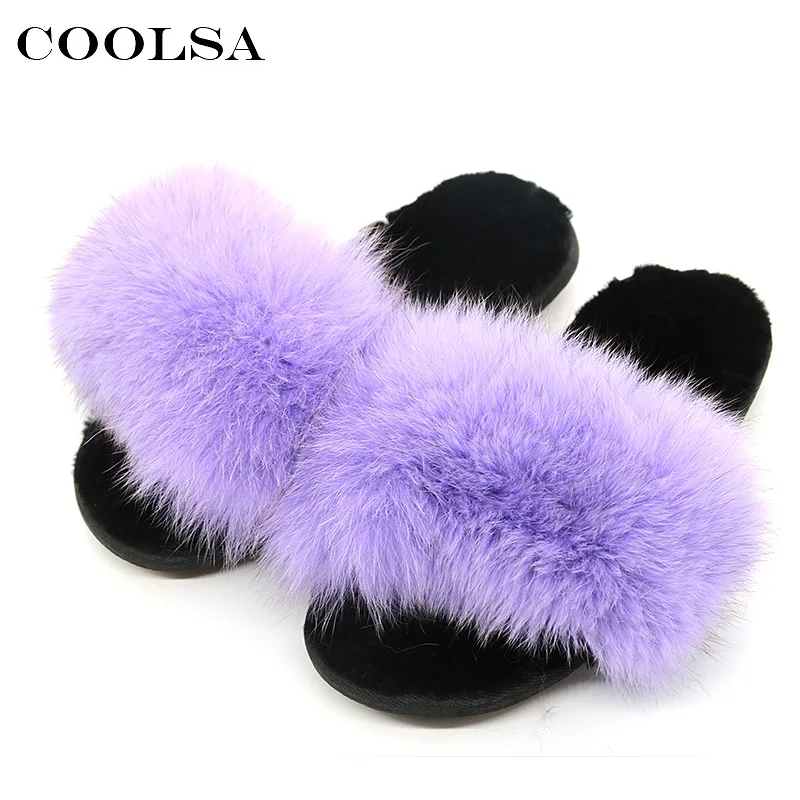 Light purple Coolsa зимние женские меховые шлепанцы Элитная Фокс Мех животных пушистый теплый плюш мягкой плоской домой Шлепанцы женские милые модные Мех животных ry горячий башмак - Цвет: Light purple