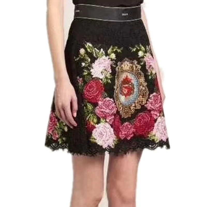 2018 Runway Women Lace Skirt Chic High Waist Floral Rose Embroidery Black Straight Mini Harajuku Falda Mujer | Женская одежда