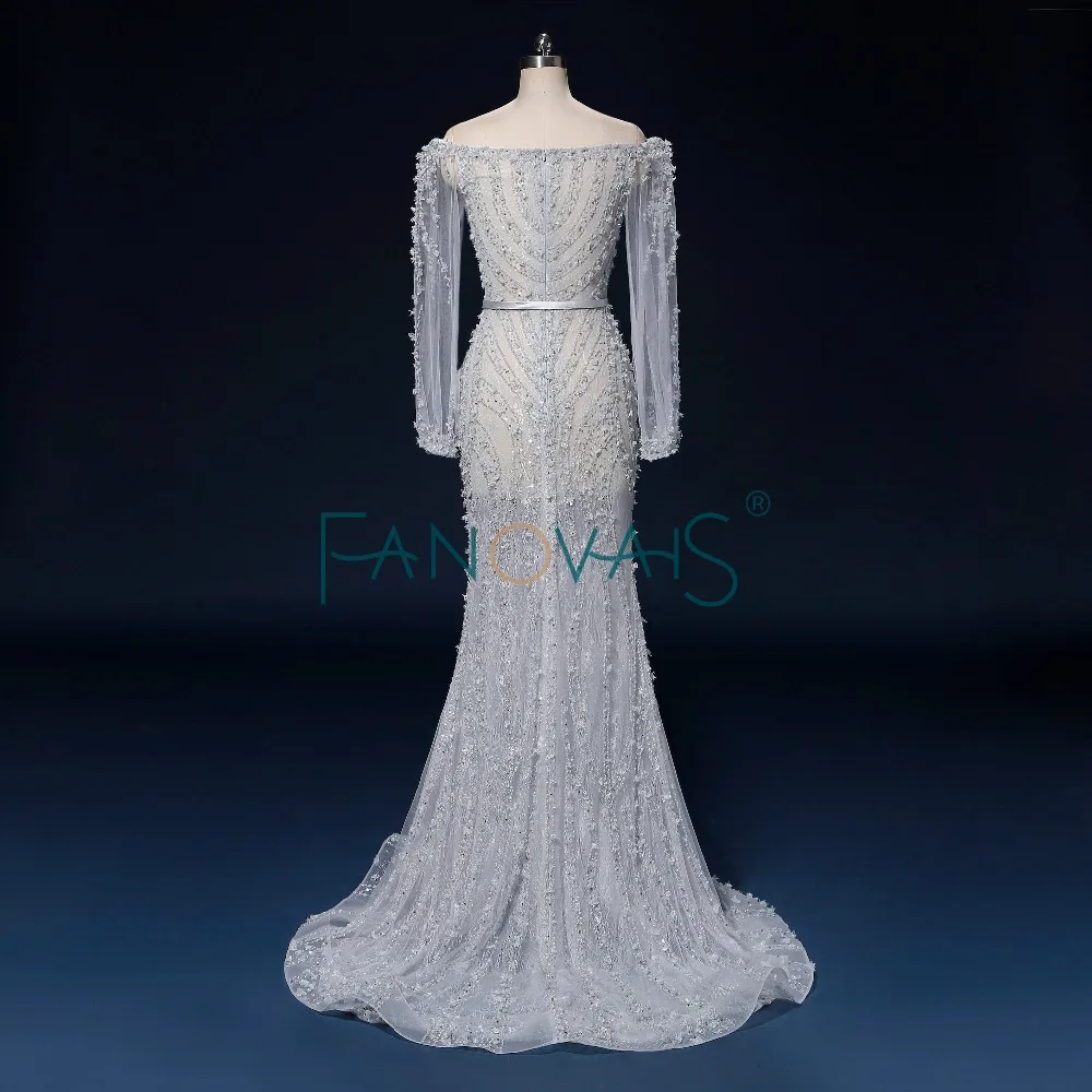 Синий серебряный вечерние платья с длинными рукавами роскошь плеча Vestido de Festa