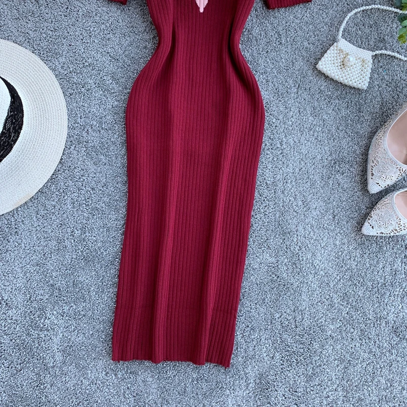 Vintage Slim Zipper Knitted Patchwork Summer Autumn Bodycon Midi Dress Party Women Pencil Knee Length Office Sheath dresses