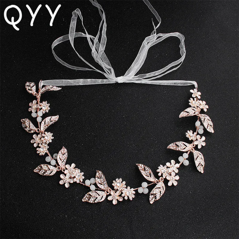 

QYY Rose Gold Flowers Handmade Vine Wedding Headbands Bridal Bridesmaid Headpieces Hair Jewelry Princess Tiaras for Women
