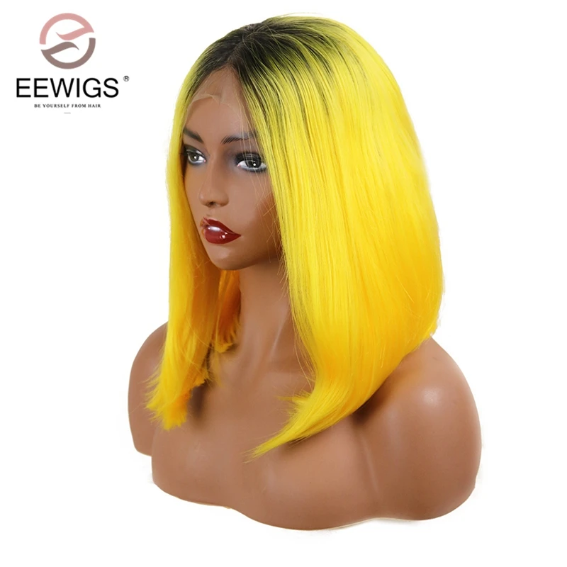EEWIGS Омбре желтый короткий парик-Боб с черными корнями термостойкие лимонные цвета бесклеевые синтетические парики на кружеве для черных женщин