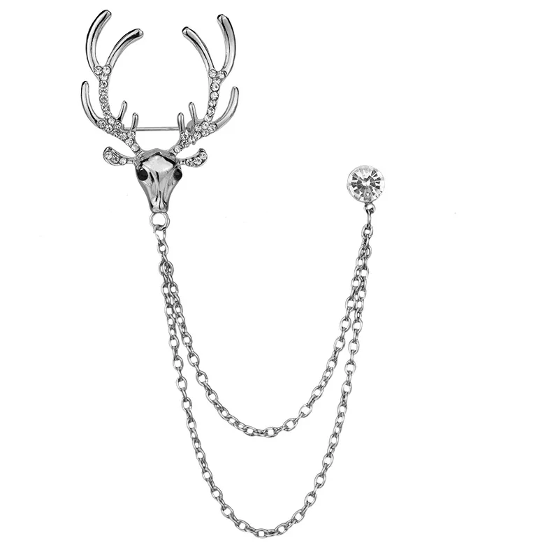 

Unisex Rhinestone Deer Head Elk Tips Double Link Chains Tassels Collar Clip Pin Brooches