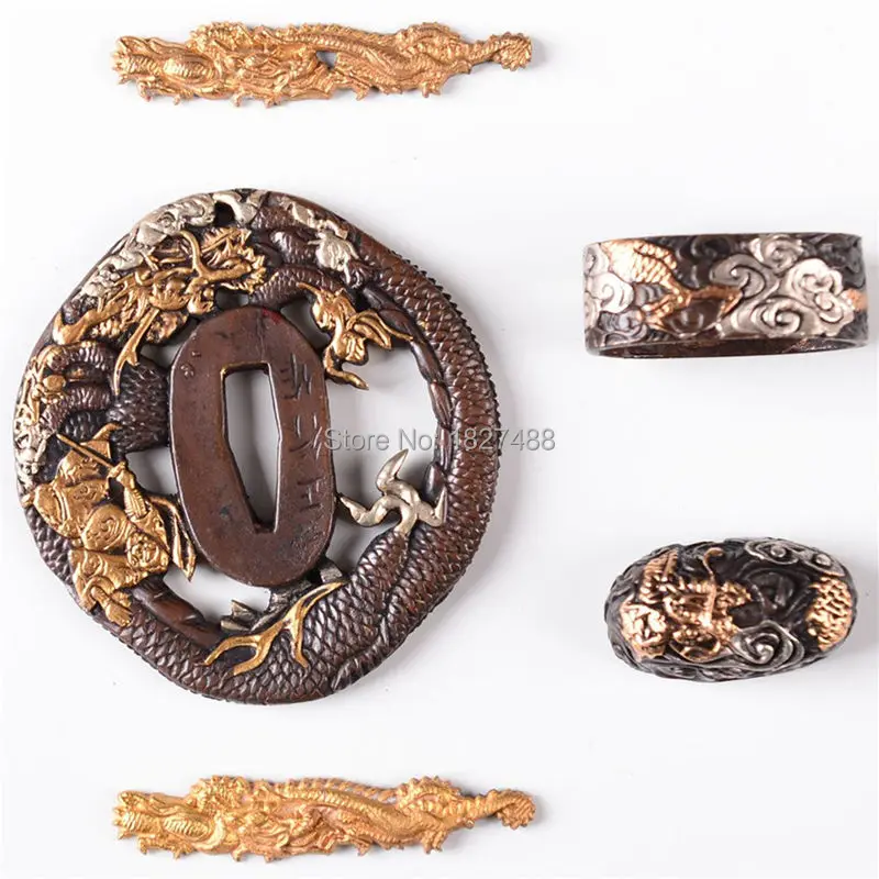 A Set Dragon Theme Brass Sword Fittings Tsuba Menuki Fuchi Kashira for Japanese Wakizashi/Samurai Sword Katana Nice Metal Crafts