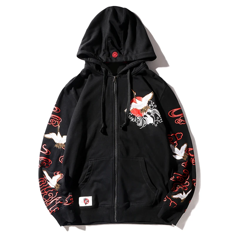 

HISTREX Japanese Harajuku Embroidered Crane Zipper Men Hoodies Women Streetwear Fleece Fashion Felpe Brand Sweatshirts KLJ6I#