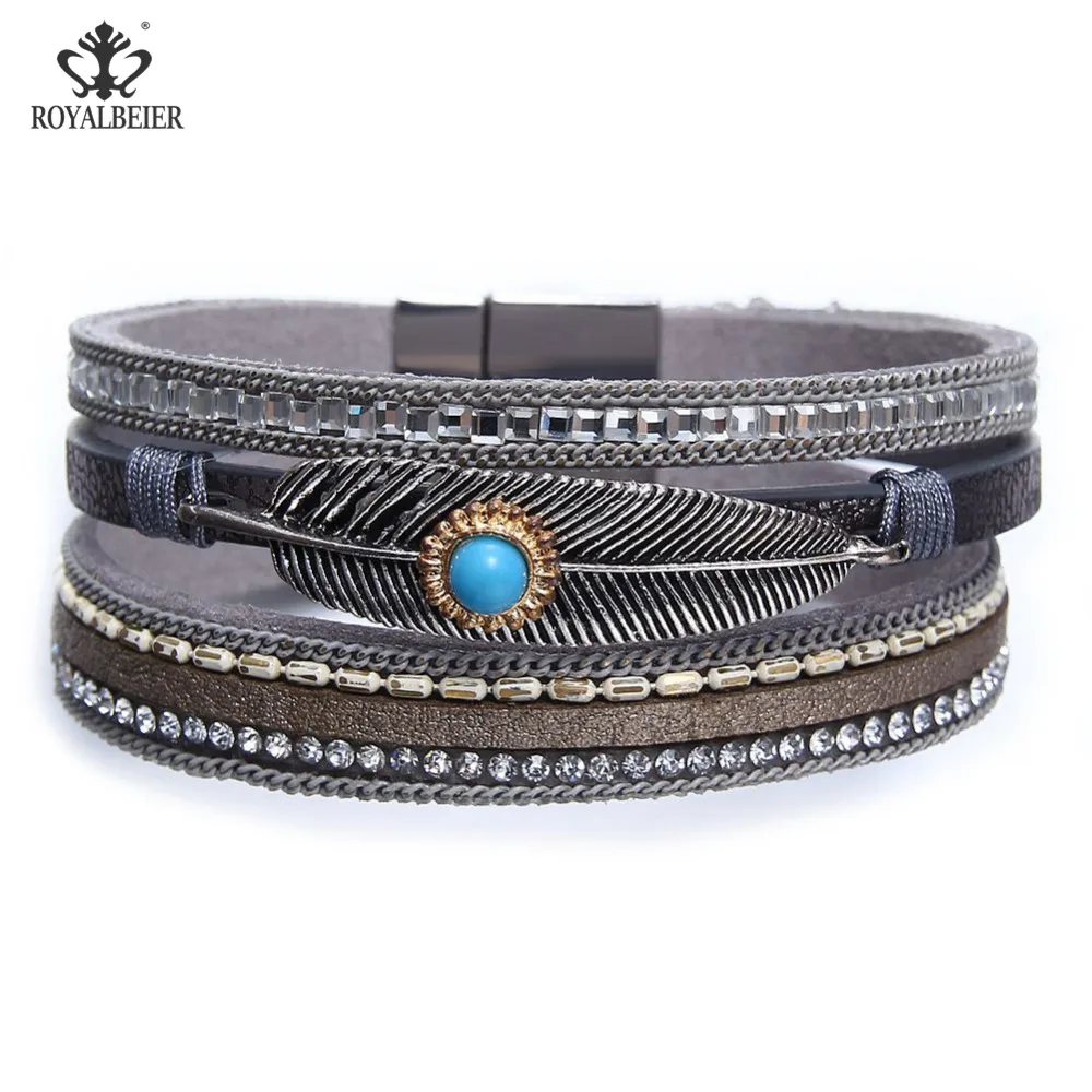 RoyalBeier 1pc Leather Women Bracelets Metal Leaf Decorated Rhinestone Bangles Bracelet Statement Vintage Jewelry | Украшения и