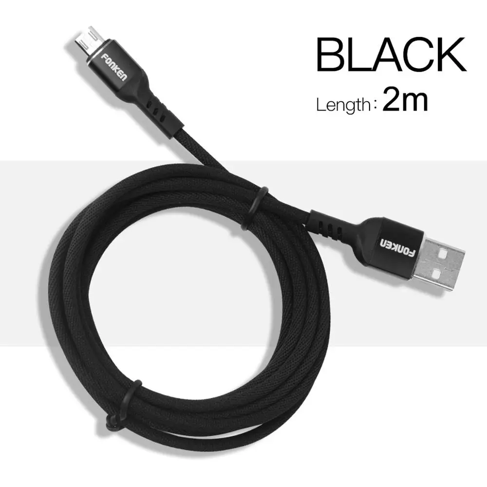 FONKEN Micro USB кабель 3A Быстрая зарядка usb-кабели данных 1 м 2 м тканевый Плетеный Android мобильный телефон USB зарядное устройство Быстрая зарядка провода - Цвет: Black 2m USB Cable