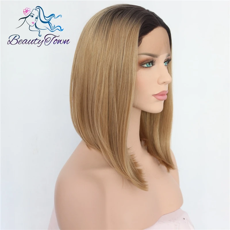 BeautyTown темные корни Ombre блондинка руки связали высокое Температура волокна короткий Боб Guleless термостойкие синтетические Синтетические волосы на кружеве парики