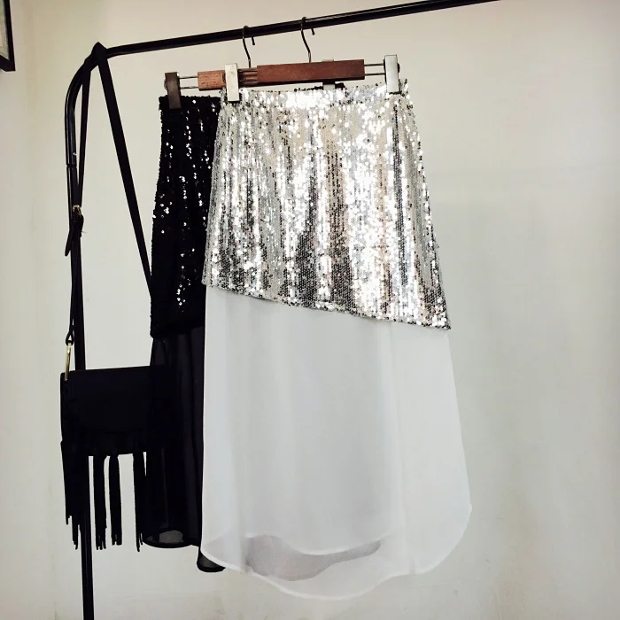 irregular sequins skirt women chiffon pathwork European new ladies personality stitching high waist skirts | Женская одежда