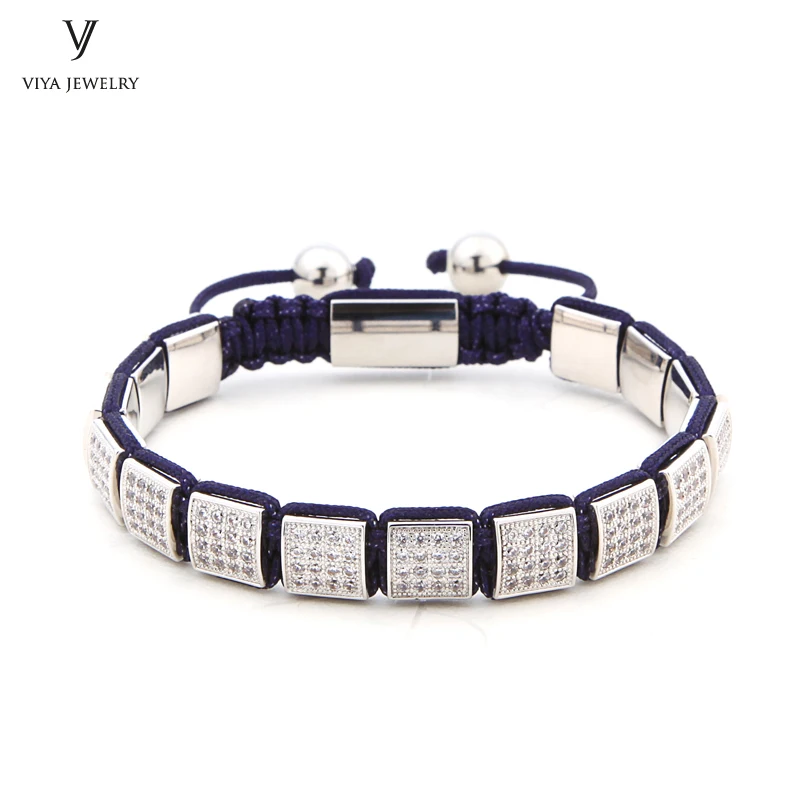 silver blue rope Новые высококачественные черные квадратные мужские браслеты из бисера Роскошные ручной работы плетение Регулируемые 8 мм Квадратные бусины браслет с циркониевой установкой - Окраска металла: silver blue rope