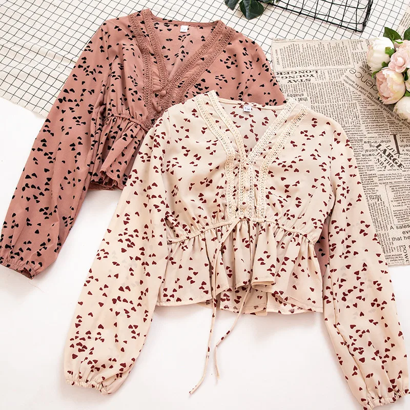 

Spring Women Hollow Out Print Blouse Ruffles Lace Shirts Female Sexy V-Neck Tie Bow Shirt Long Sleeve Blouses Short Tops AB1428