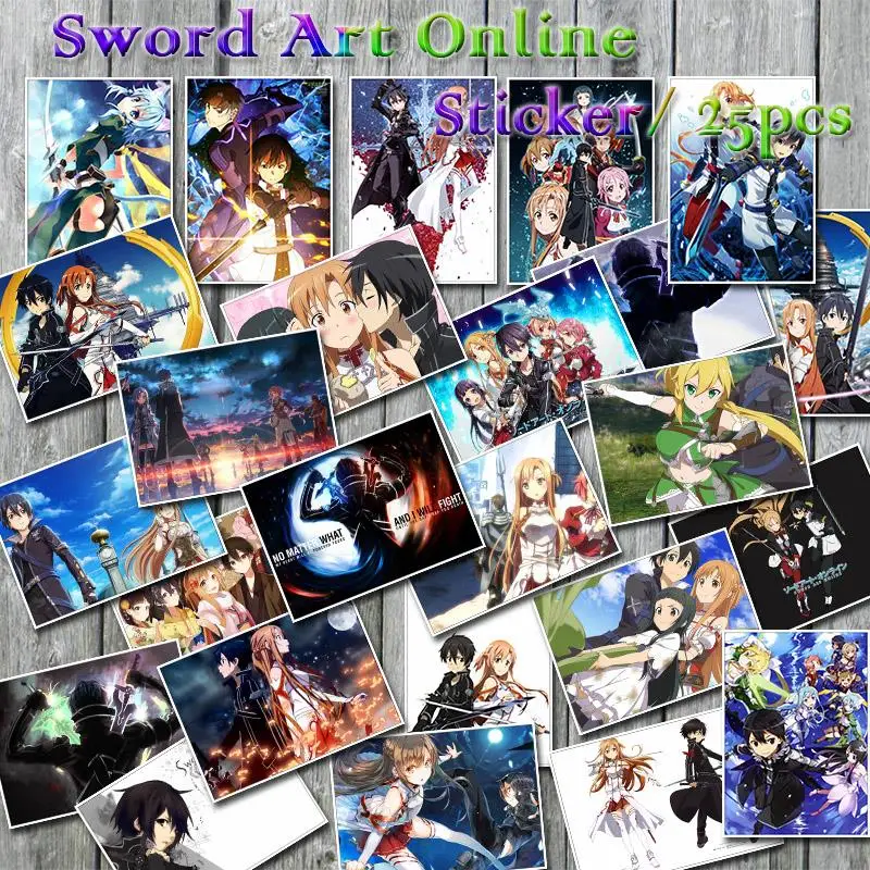 25 шт./компл. мультфильм аниме Sword Art Online Стикеры для катания на скейтборде/ноутбука/для катания на сноуборде/холодильник/серфинга Водонепроницаемый ПВХ Виниловые наклейки в виде Фотообоев c переводными картинками
