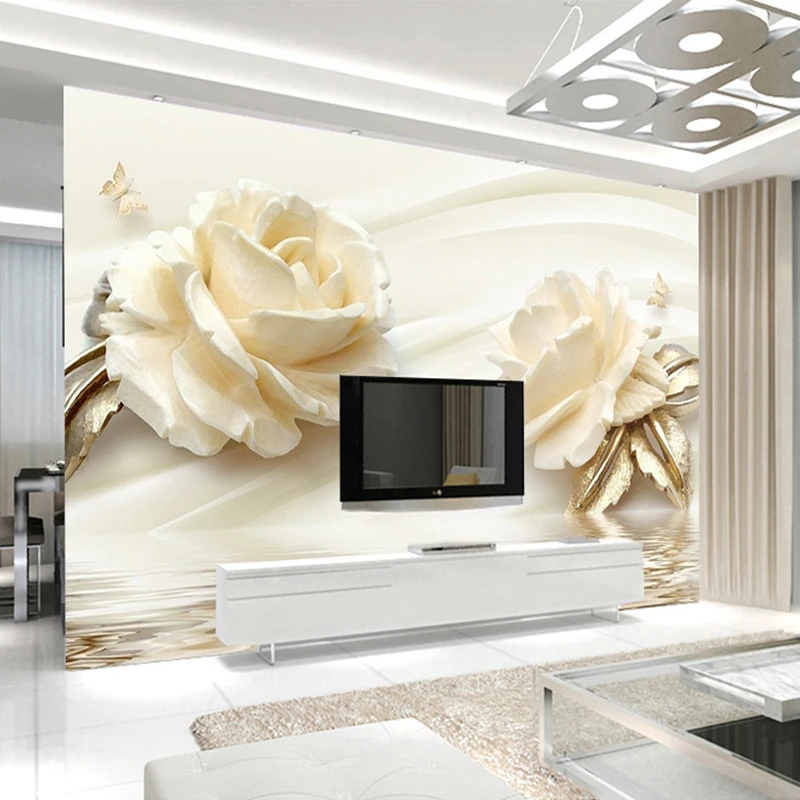 3D фотообои на заказ цветы цвета шампань роза Современная романтичная гостиная ТВ
