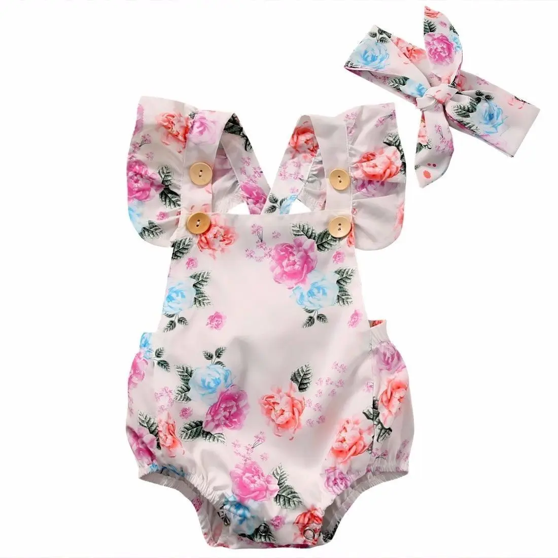 Toddler Infantil Newborn Baby Girls Floral Romper Fashion Jumpsuit Summer Headband 2PCS Sunsuit Outfit Set | Мать и ребенок