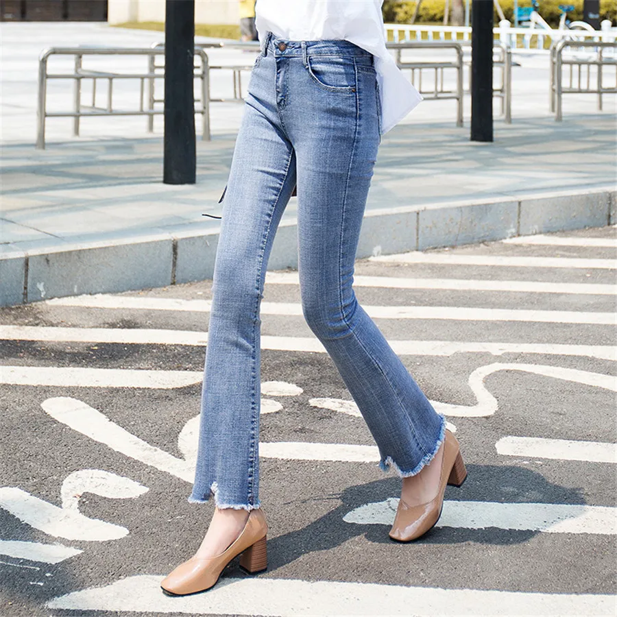 Женские джинсы с высокой талией эластичные узкие расклешенные джинсовые брюки