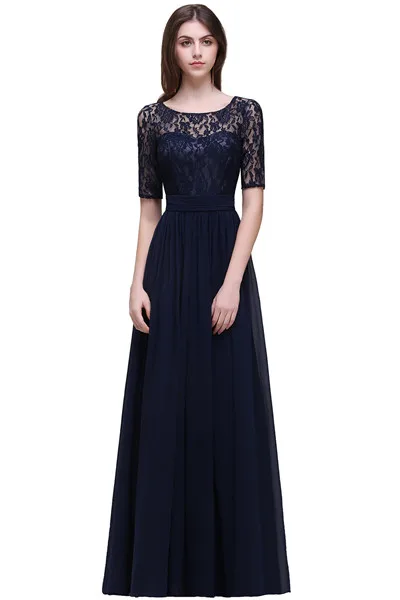 Navy Blue Элегантный розовый шифоновый длинный вечернее платье Половина рукава Кружева Вечернее платье Аппликация вечернее платье - Цвет: Navy Blue