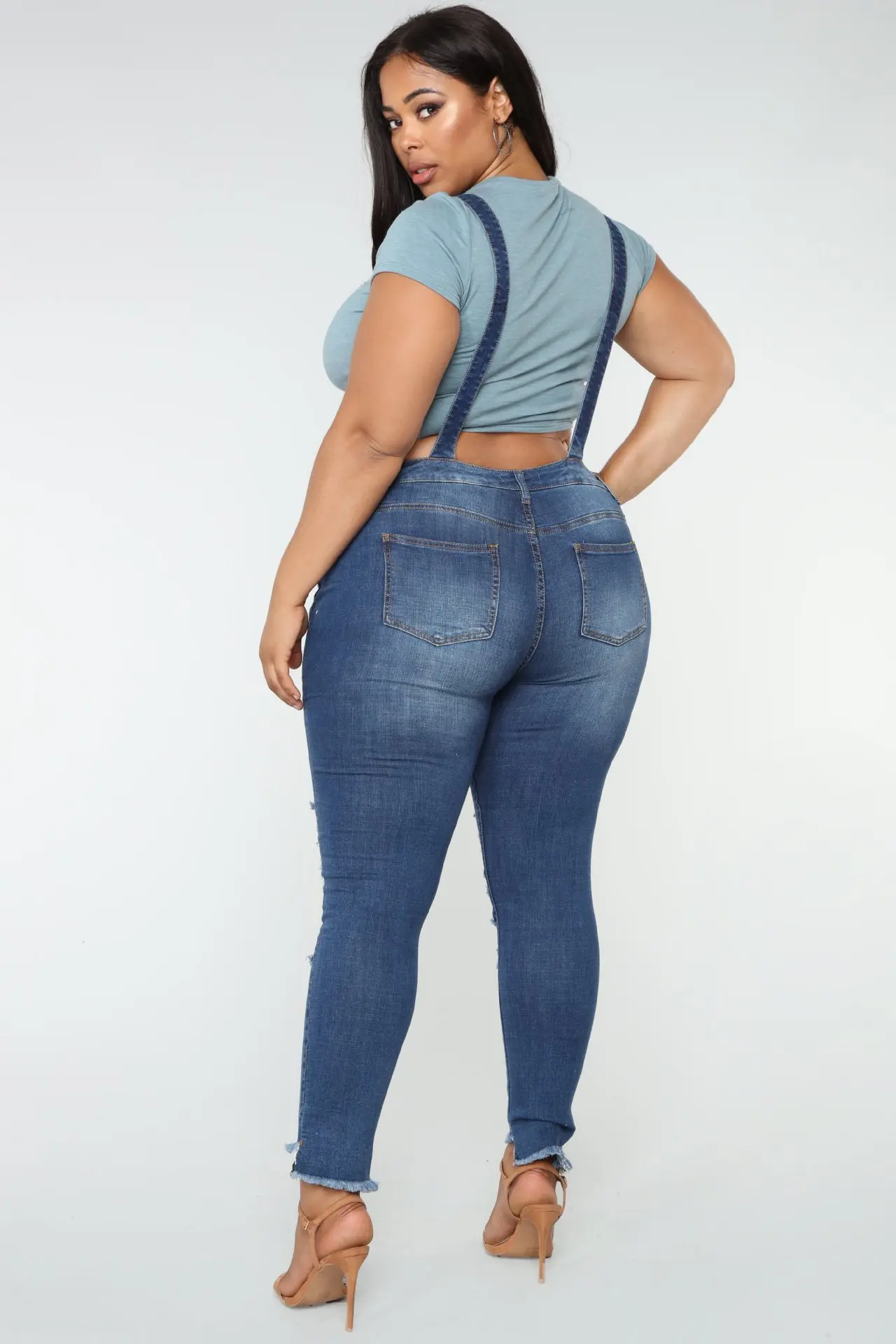 QMGOOD 2018 Women Overalls Plus Size Cool Denim Jumpsuit Straps Ripped Jeans Trousers Skinny Stretch High Waist Female XL |