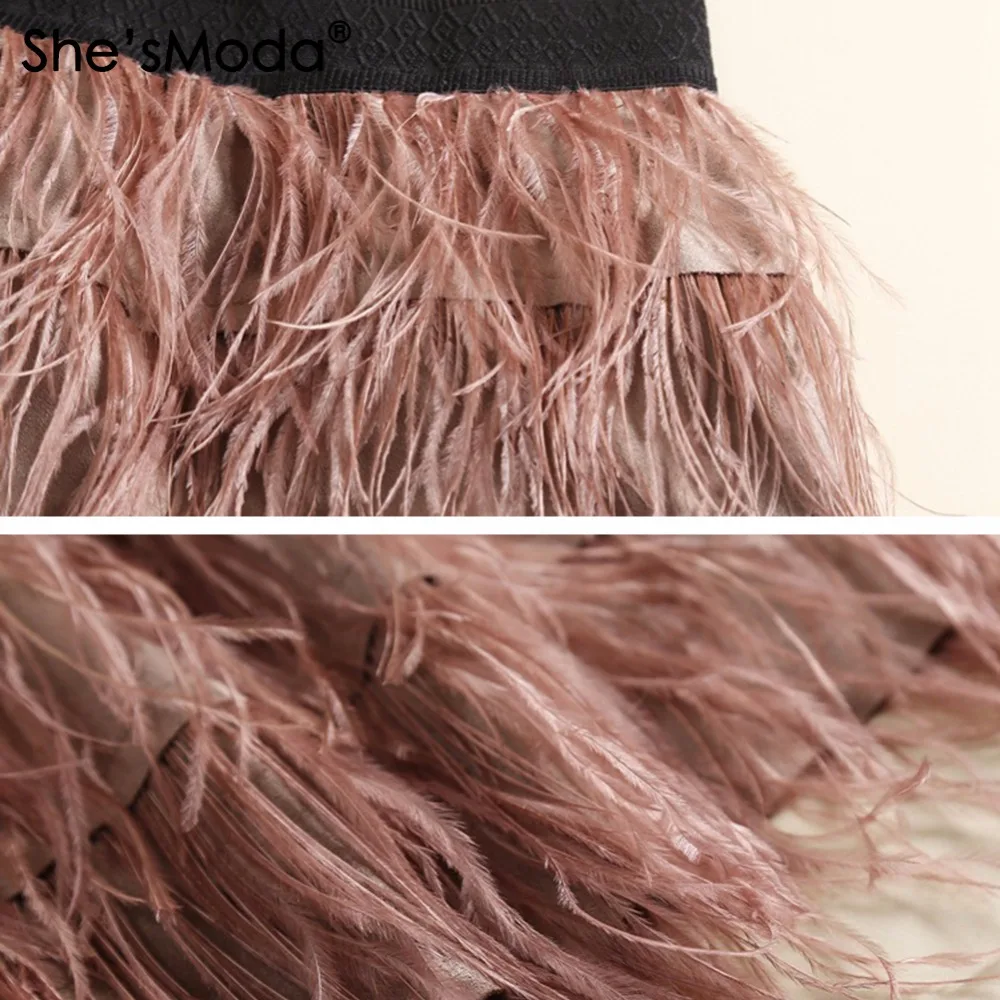 She'smoda страуса Перо замша подкладка Для женщин свадьбу прямо до колен Длина юбка