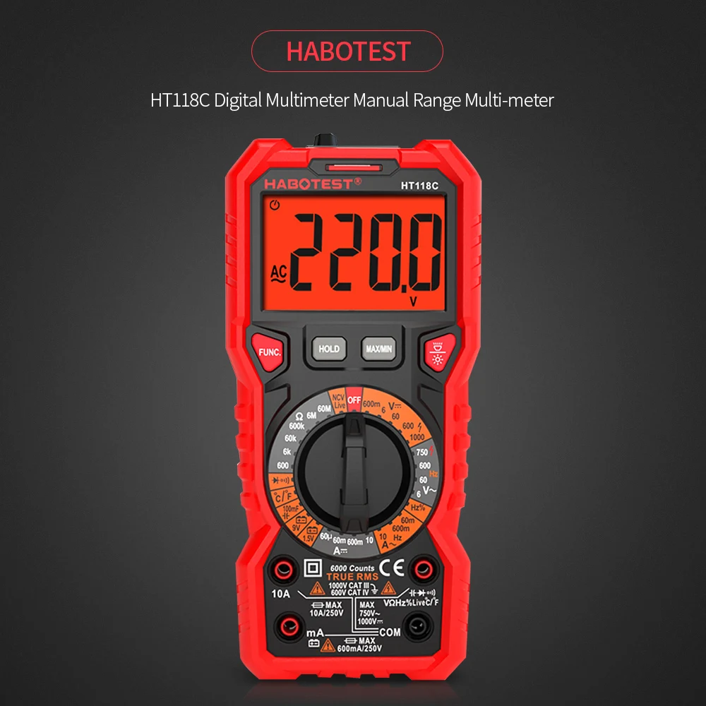 HABOTEST HT118C цифровой мультиметр с автоматическим диапазоном мультиметра 6000 отсчетов истинное среднеквадратичное значение измерения напряжения тока сопротивление емкости