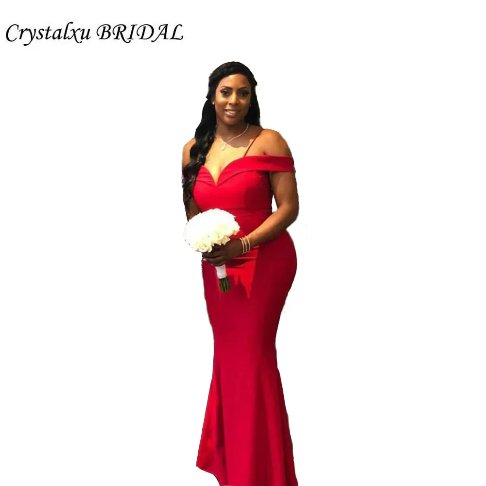 

Cheap Red Mermaid Floor Length Bridesmaid Dresses Simple Spaghetti Straps Off the Shoulder Satin Formal Maid Of Honor Dress