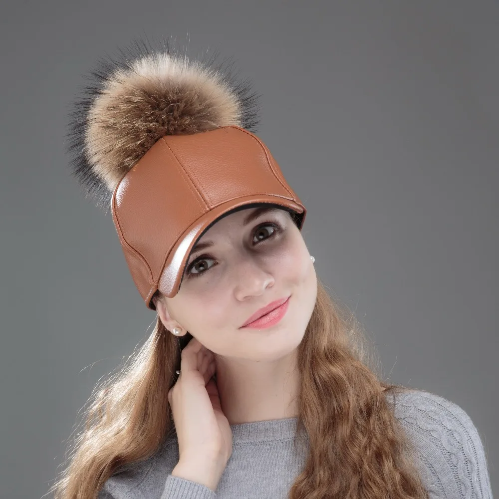 new women fashion winter baseball cap with mink fur pompom Snakeskin pattern Pu leather new fashion woman winter hats brand