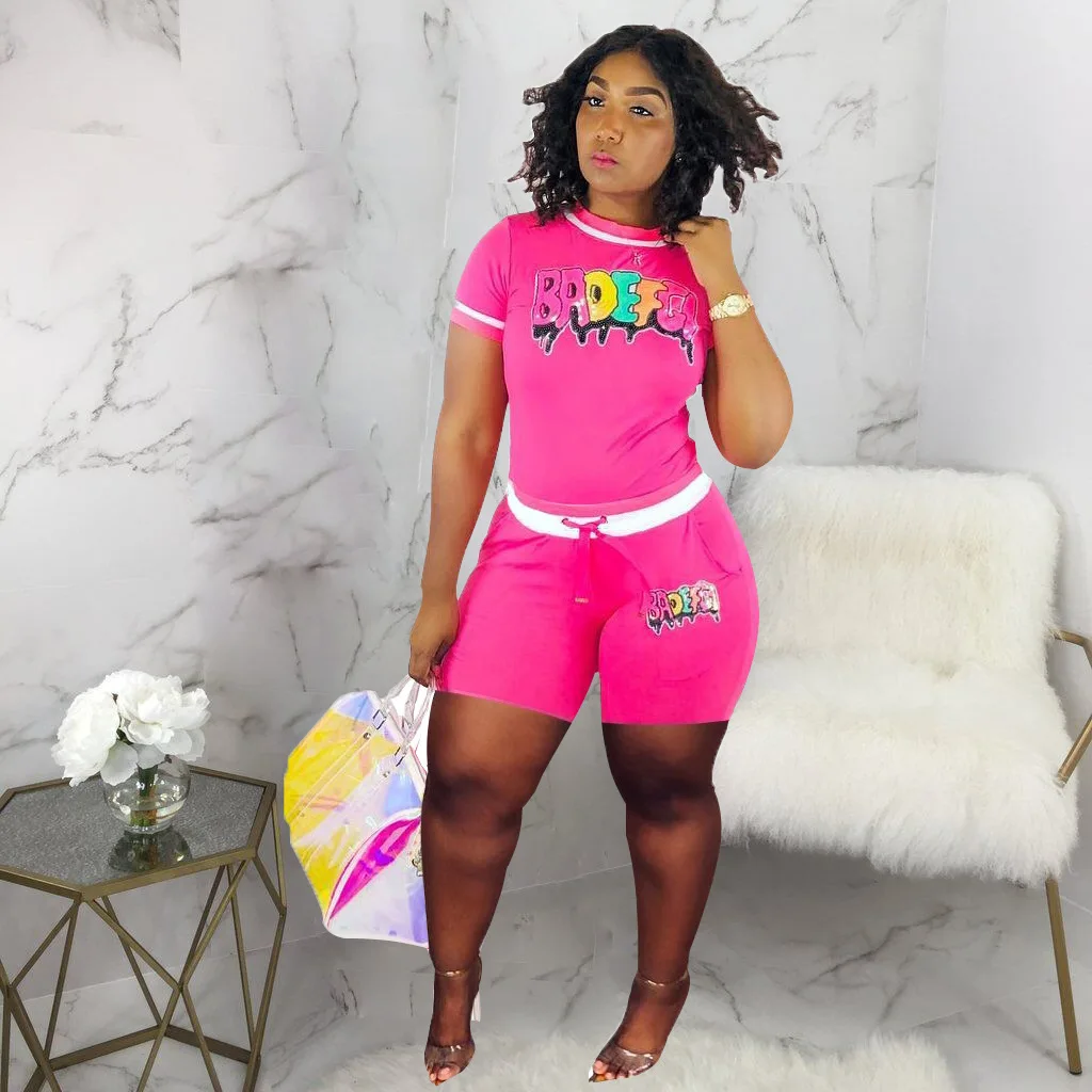 2019 новый женский костюм с буквенным принтом и блестками круглым вырезом коротким