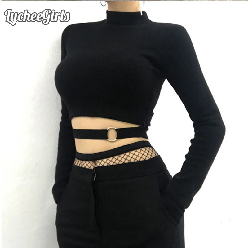 Женский короткий топ Lychee с вырезами и кольцами сексуальная облегающая футболка в