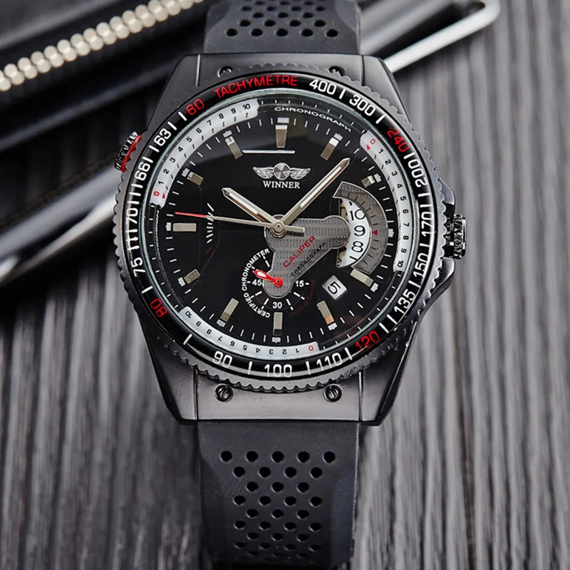 50 шт./лот бренд Winner силиконовый ремень для мужских часов крутые черные