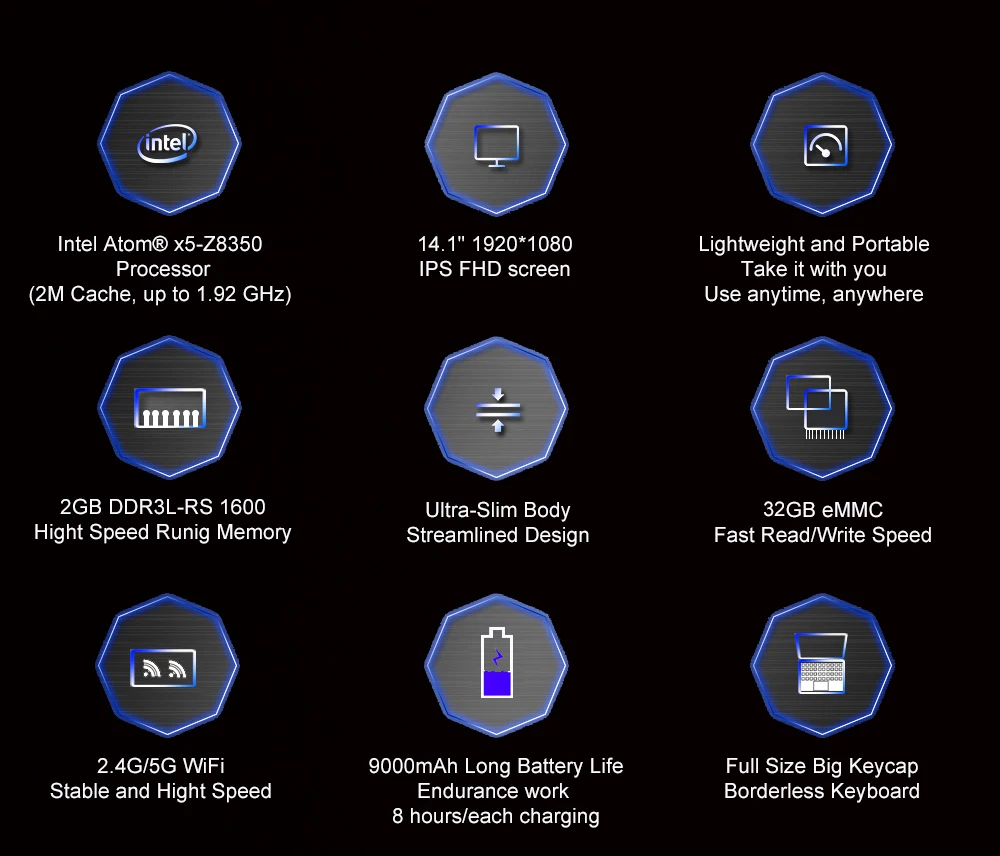 Ультратонкий ноутбук 14,1 дюйма с четырехъядерным процессором Windows 10 Intel Atom Cherry Trail Z8350 с аккумулятором 9000 мАч и оперативной памятью 2 Гб rom 32 Гб WiFi