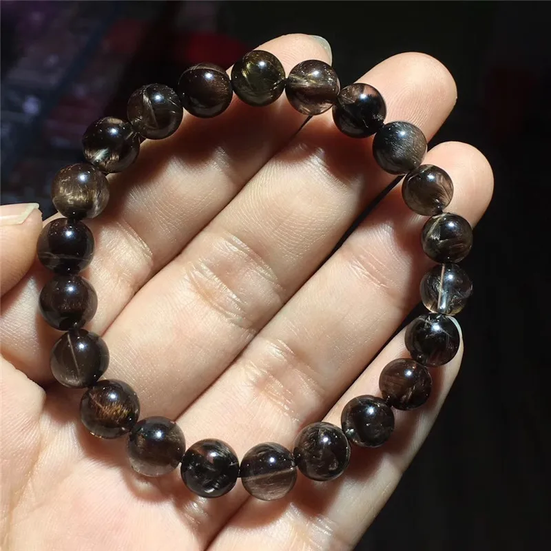 

8.5mm Natural Brookite Platinum Silver Rutilated Quartz Crystal Round Beads Woman Man Lucky Anniversary Gift Gemstone Bracelet
