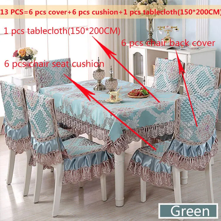 Green13pcs150x200cm Luxury Europe Table Cloth Satin Printed Lace Chair Cover Cushion Set Hotel Wedding Decorat Banquet Home Dinning Tablecloth Set - Цвет: Green13pcs150x200cm
