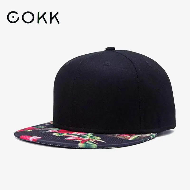 

COKK Baseball Cap Women Hip Hop Flower Pattern Cap Brim Straight Snapback Hats For Men Black Baseball Caps Hat Bone Male Female