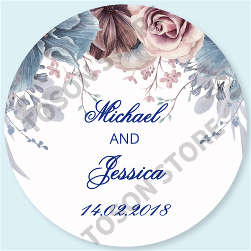 100, Silver laser Customized text logo, Wedding Stickers, Invitations Seals, Candy Favors Gift Boxes Labels, On White Adhesive