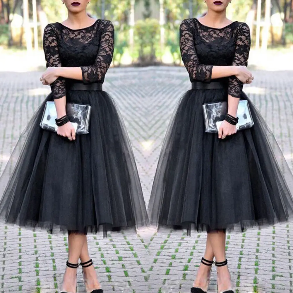 Женское официальное кружевное платье с длинным рукавом черное для выпускного